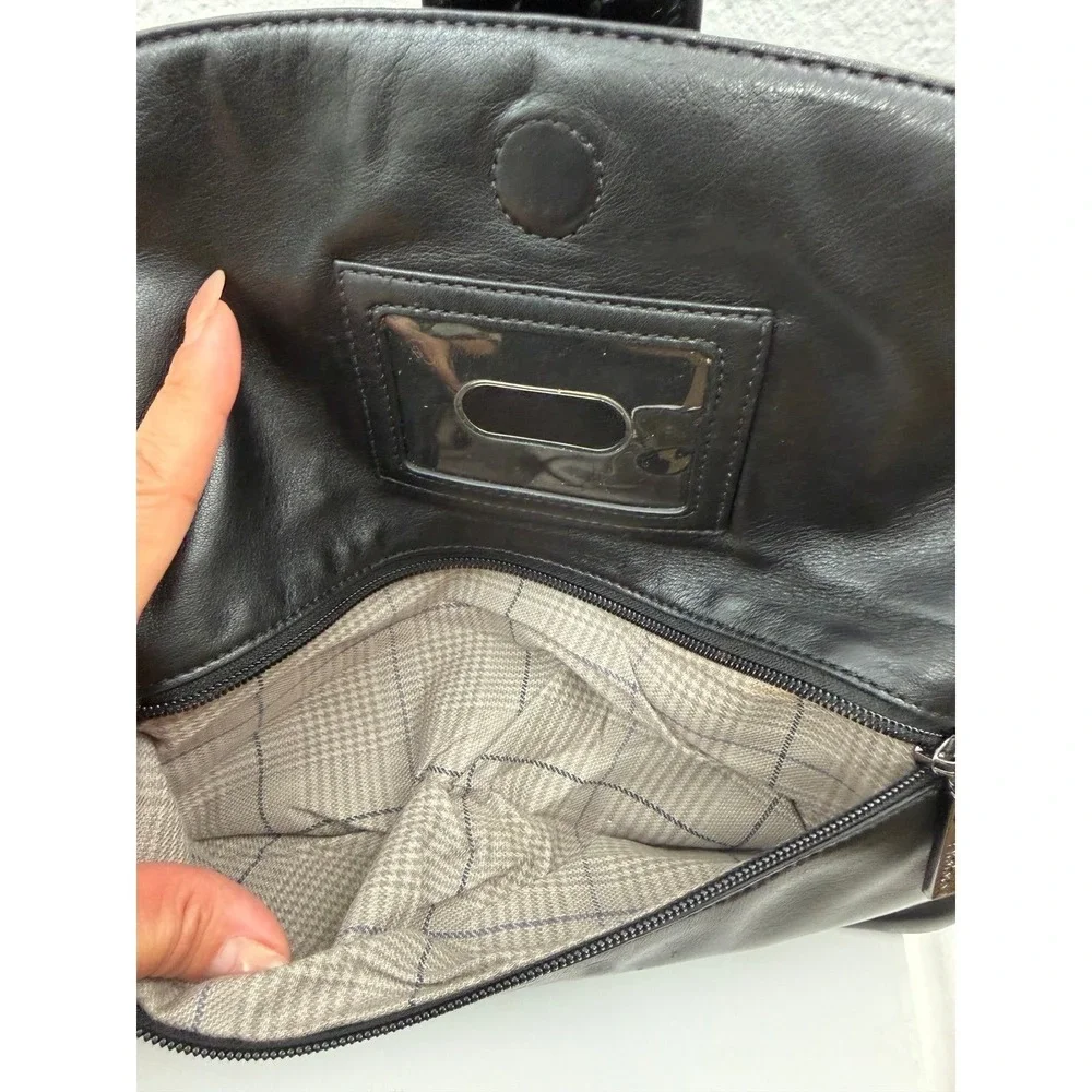 Hobo International Black Leather Foldover Clutch Bag Patent Ring Hardware